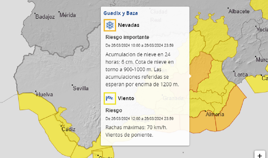Imagen del artículo La Aemet eleva a naranja el aviso por nevadas en Guadix y Baza, en Granada